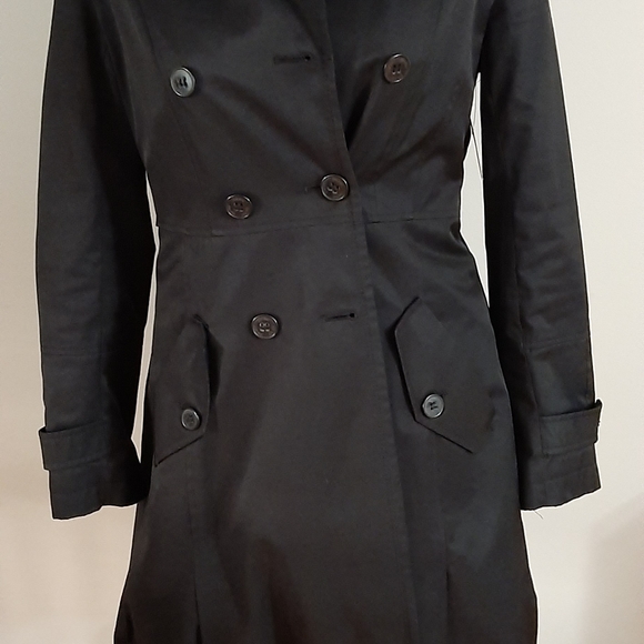 Womens long Black DKNY Trench coat size small l - Picture 2 of 8